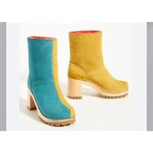 Swedish Hasbeens Two Tone Suede Clog Chunky Ankle Boots - 38 NWOT